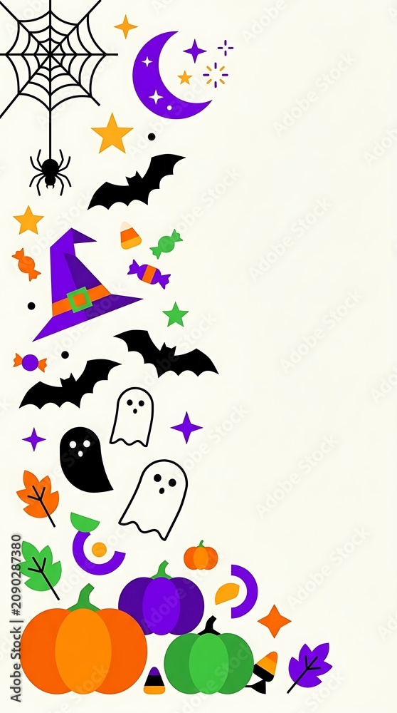 Fototapeta premium Vertical Halloween Banner Featuring Geometric Pumpkins Bats Ghosts and Witch Hat Icons on White