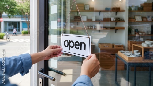 Hands Hanging Open Sign on Glass Shop Door Before Business Opening