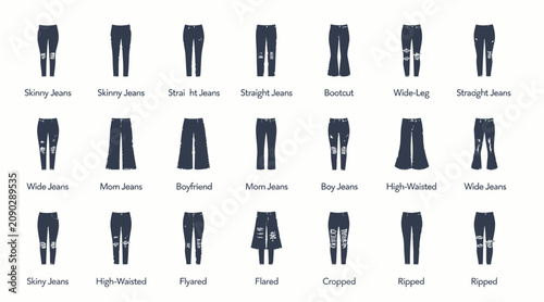 jeans styles, types of jeans, fashion illustration