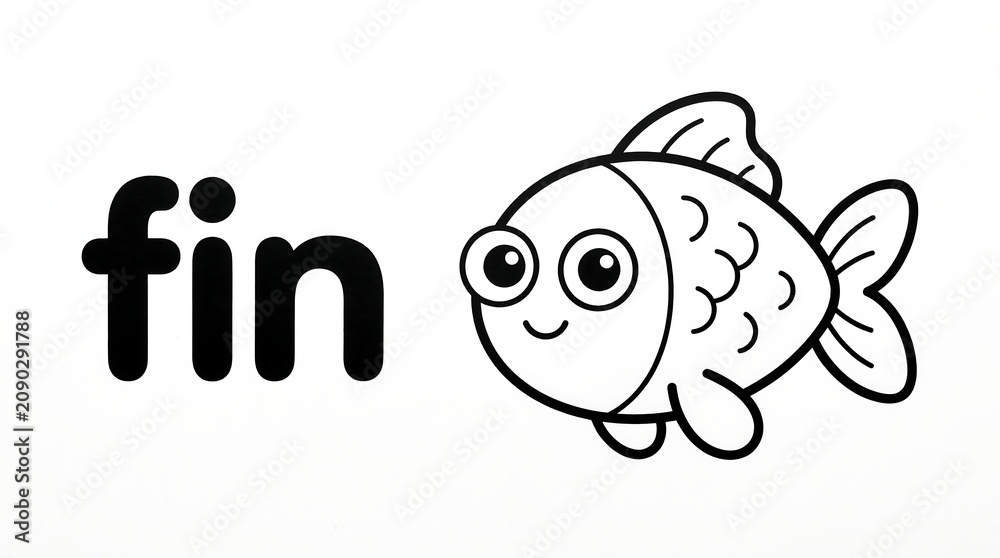 Fototapeta premium A charmingly drawn, happy little fish illustration, presented as a simple line art depiction next to the word 'fin' in bold, sans-serif typography, perfect for educational materials or playful