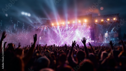 massive outdoor concert with crowd silhouettes flashing lights into the air, festive energy, stage beams and digital atmosphere