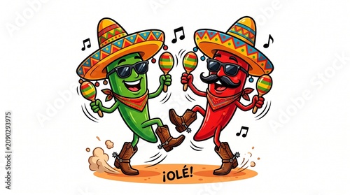 A lively and humorous vector illustration featuring two bright red chili peppers wearing sombreros, happily dancing while shaking colorful maracas, isolated on a white background.