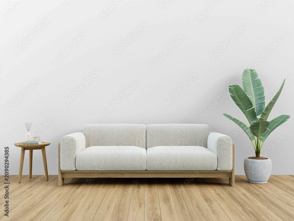 Fototapeta premium Scandinavian Living Room Wall Mockup PNG with Wood Frame Sofa, Transparent Background, Soft Shadows
