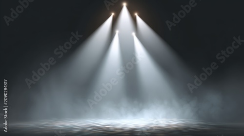 realistic vector spotlight scene with soft fog, light rays spreading from above in a triangle pattern, dramatic concert or theater effect on transparent background