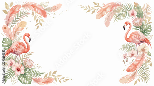 Decorative Floral Vector Border with Flamingos and Tropical Elements in Organic Style