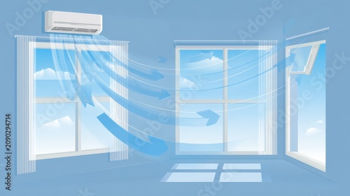 vector diagram of interior home showing cool blue airflow arrows from wall-mounted air conditioner, arrows circulating through room and out open window