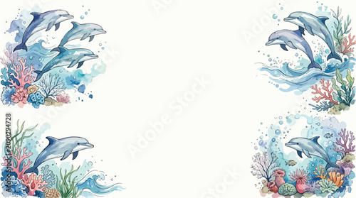 Decorative Vector Pattern with Dolphins and Coral in Watercolor Style with Blue Pink Green Colors