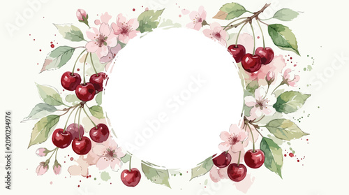 Vector Floral Wreath Pattern with Cherry Blossom and Cherry Elements in Watercolor Style