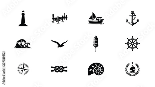 Foto Black and white nautical themed icons collection with coastal heritage minimalis
