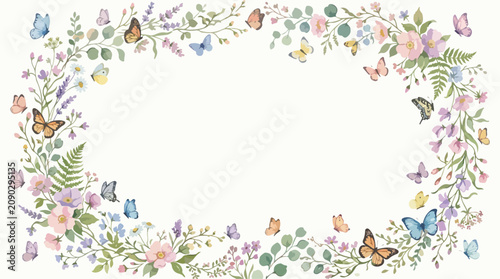 Vintage Floral Vector Border with Butterflies and Foliage in Pastel Colors for Wedding and Spring Design