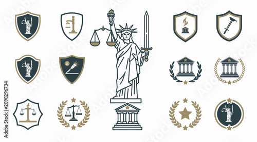 Law Icons and Statue of Liberty Symbols - Justice, Legal, Government