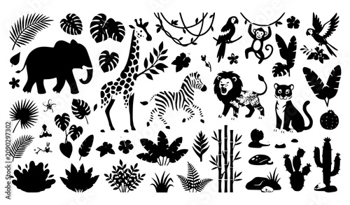 Canvas Print Safari Wildlife Animals with Tropical Plant Elements Isolated Vector Collection