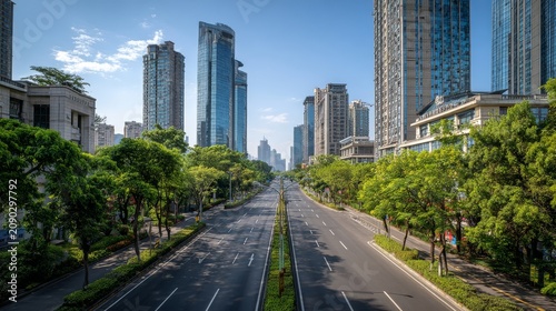 urban highway stretching into the distance with no vehicles, flanked by green trees and high-rise glass buildings under clear blue sky