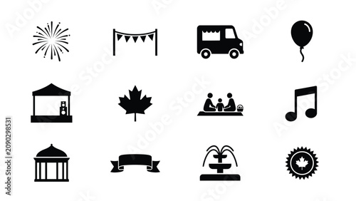 Black and white silhouette icons set featuring celebratory elements national symbols with clean line art against neutral background collection nine minimalist