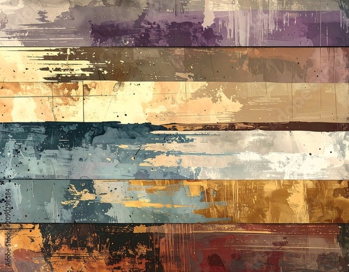 A colorful abstract painting with horizontal brushstrokes in shades of brown, beige, and gray