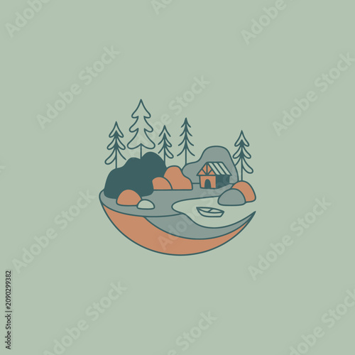A simple line art illustration of a cabin in the woods