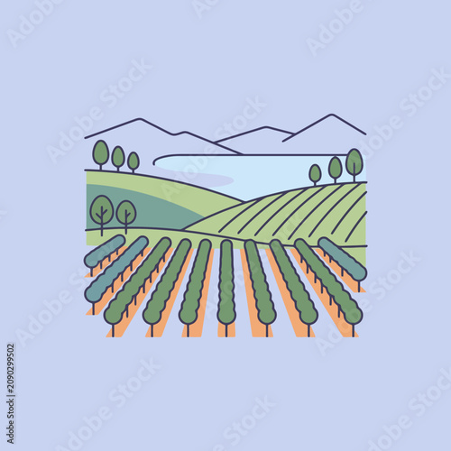 A scenic vineyard landscape with mountains and a lake