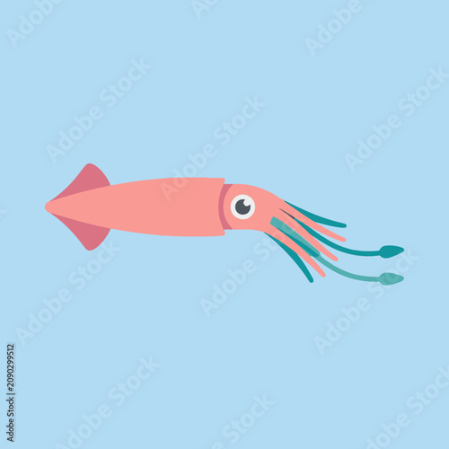 A cute pink squid swims in the blue ocean water