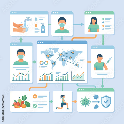 A flat vector infographic showing global health and wellness data