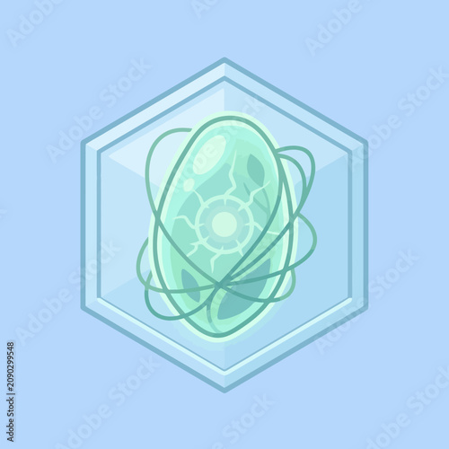 A glowing light orb floats inside a translucent hexagonal glass case
