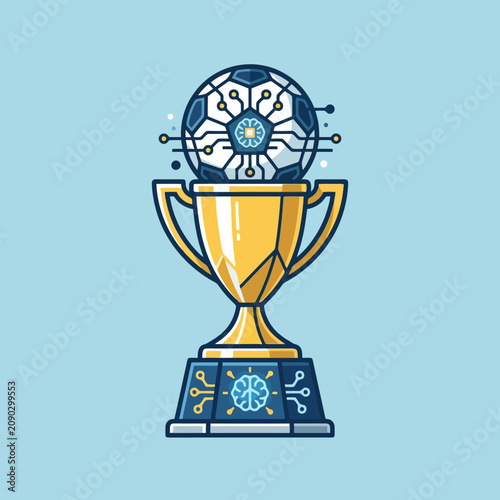 A golden trophy cup holds a digital soccer ball with circuits