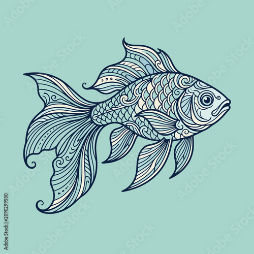 An ornate goldfish illustration with intricate swirling line patterns
