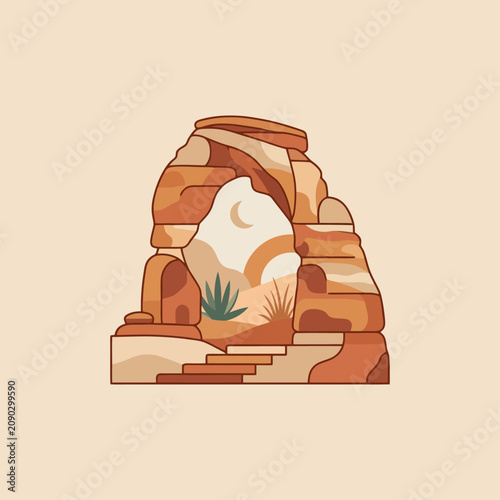 A stylized illustration of a natural stone arch in the desert