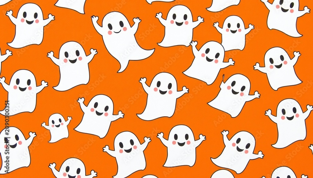 Fototapeta premium A playful pattern of smiling ghosts dancing on an orange background.