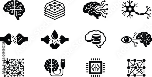 Konstfotografi Artificial Intelligence and Neural Network Icon Set with Digital Brain Chip Comp