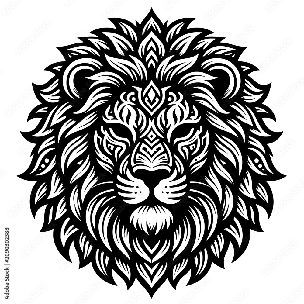 Fototapeta premium Majestic Lion Head with Ornamental Tribal Patterns Black and White Vector Illustration