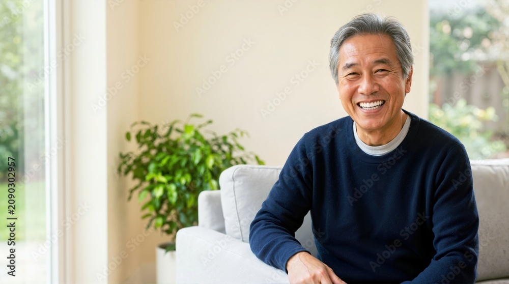 Fototapeta premium Smiling senior East Asian man sitting on a sofa. Happy elderly male showing healthy white teeth at home