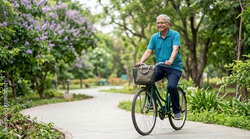 Senior man riding a bicycle in a green park. Smiling elderly male cycling on a paved path outdoors
