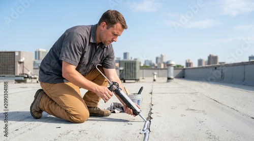 Man applying sealant to a roof crack with a caulking gun. Rooftop waterproofing and maintenance repair work with city skyline background