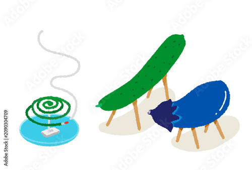 日本の夏 蚊取り線香とお盆飾り(精霊馬と精霊牛)のベクターイラスト