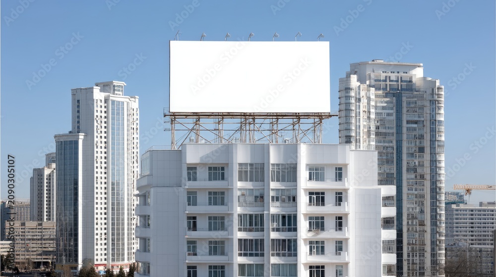 Obraz premium Blank Billboard on a Modern Building with City Skyline Background