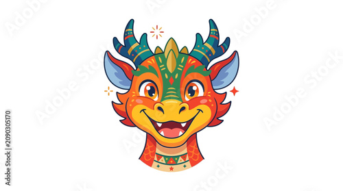 A vibrant and colorful cartoon dragon head illustration with a cheerful expression.