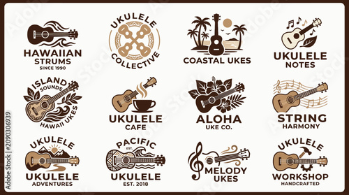 Obraz na plátně Vintage ukulele music shop branding and badge collection.