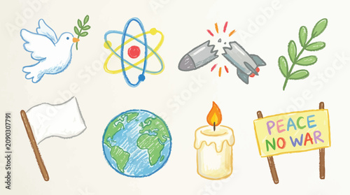 Foto Collection of symbols representing peace, anti-war, and global harmony, including a dove, earth, and protest signs