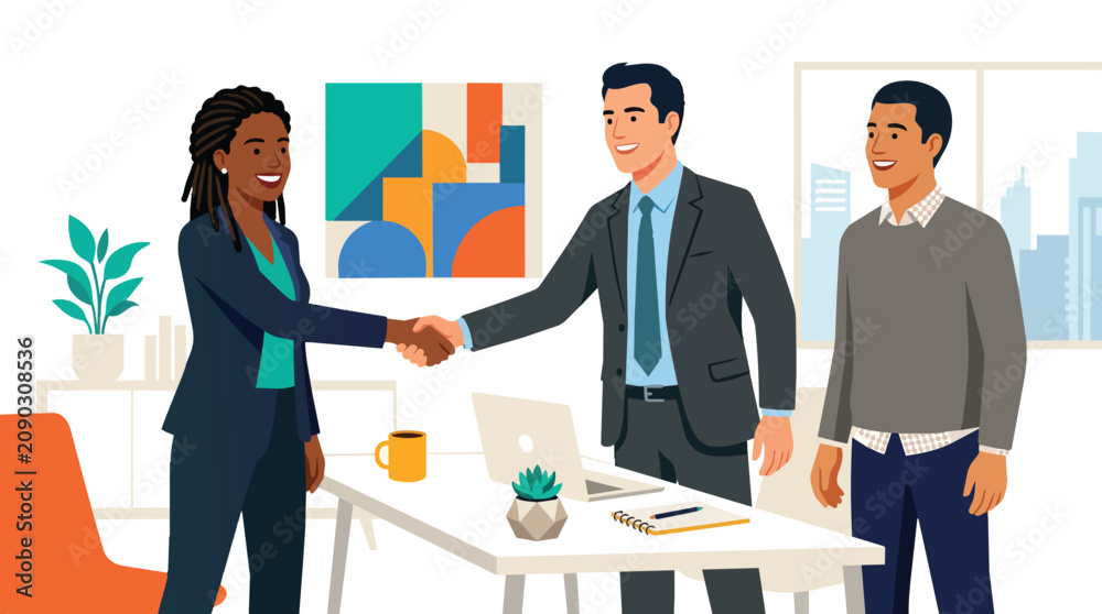 Obraz premium Corporate partnership handshake between diverse executives in modern flat vector style for business acquisition