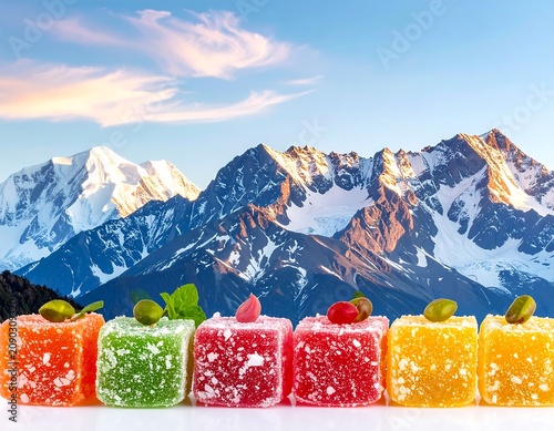 A colorful arrangement of gelatinous cubes with garnishes on a white surface against a backdrop of snow-capped mountains under a blue sky with wispy clouds