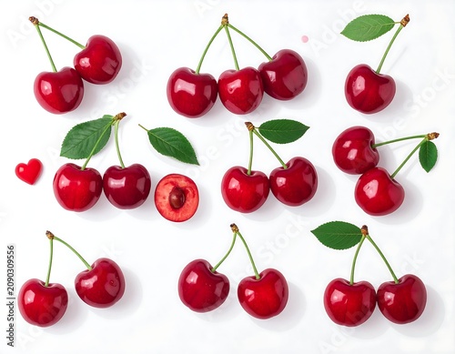 A colorful arrangement of ripe cherries with leaves and a halved fruit on a white background