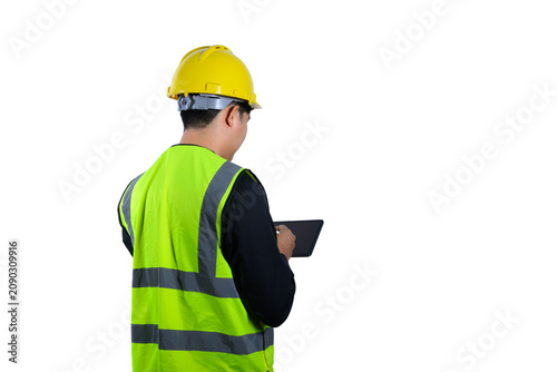 Construction Worker in Yellow Hard Hat and Safety Vest Holding Tablet, Rear View Isolated on White Background