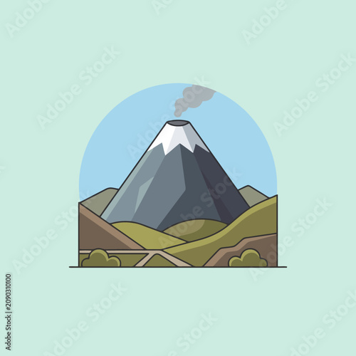 Flat vector illustration of a smoking volcano mountain