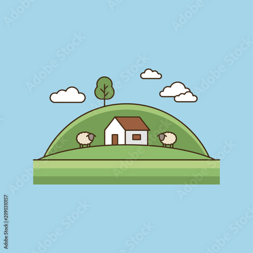A small house sits on a green hill with sheep