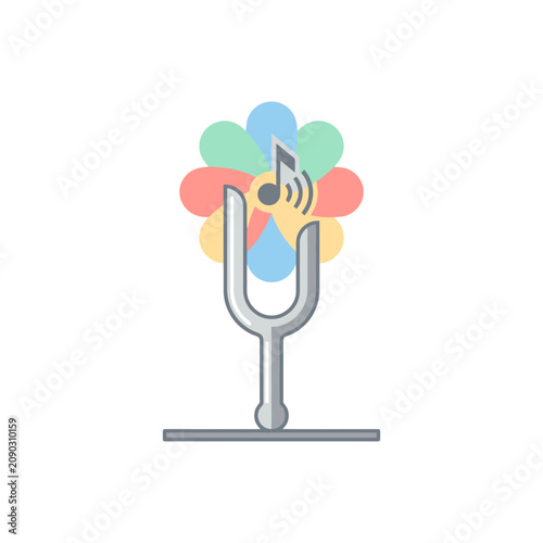 A metal tuning fork stands before a colorful floral shape icon