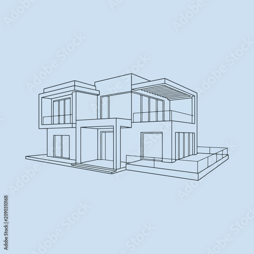 A minimalist architectural line drawing of a modern house
