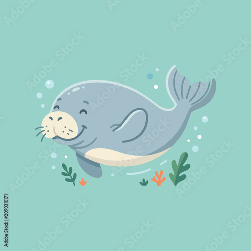 A cute cartoon manatee swimming in the blue ocean water