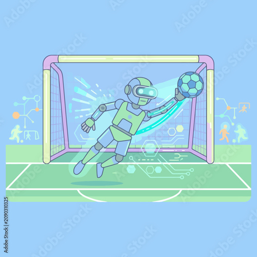 A digital robot goalkeeper saves a ball in a soccer goal