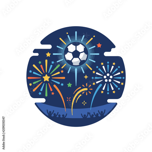 A soccer ball floats above colorful fireworks in the night sky
