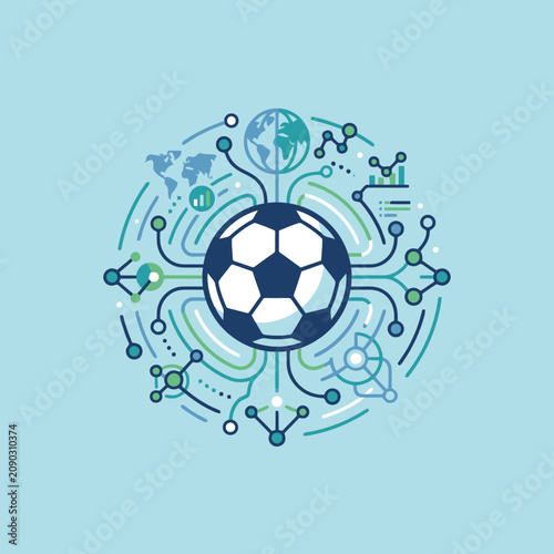 A soccer ball surrounded by global data and digital network icons